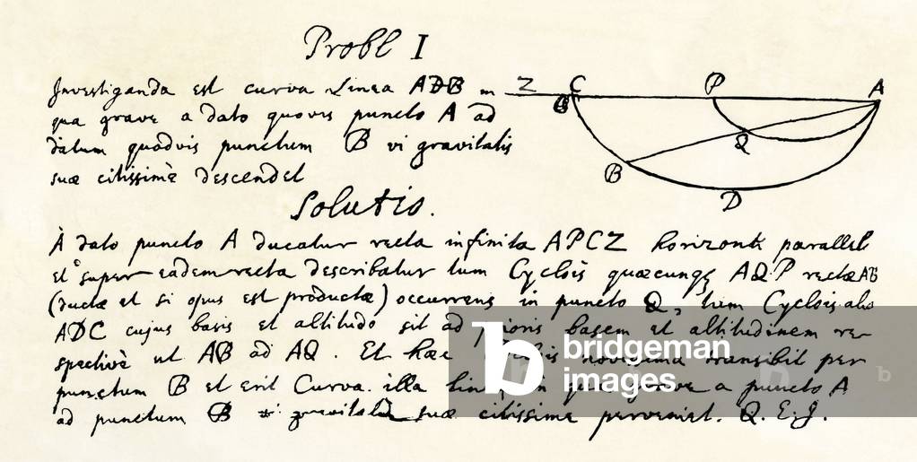 Sciences: Isaac Newton writes the brachystochrone solution, or curve of the fastest descent. College simile.