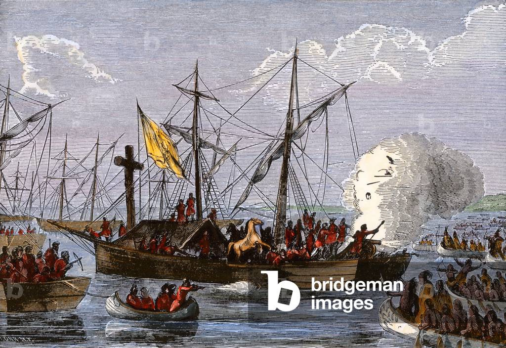 The deroute of the Spanish expedition led by Hernando De Soto (1496 or 1497-1542) on the Mississippi River in 1542, after the death of De Soto. Color lithography, 19th century.