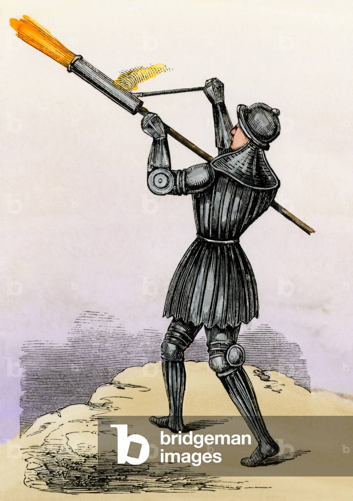 Soldier using a bomb in the 15th century. Colour engraving after a 19th century illustration.