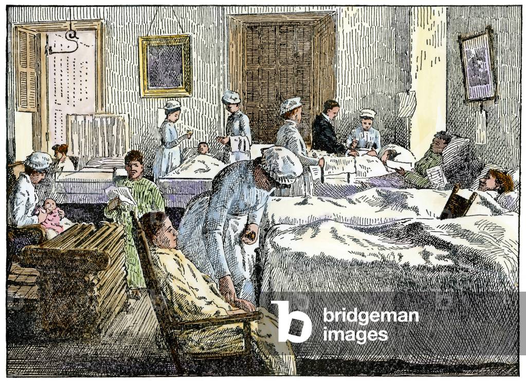 Women's Dorm at Bellevue Hospital in New York City (USA), circa 1890 - Colorisee engraving 19th century (Female Ward at Bellevue Hospital, New York City, 1890s - Hand-colored woodcut of a 19th-century illustration)