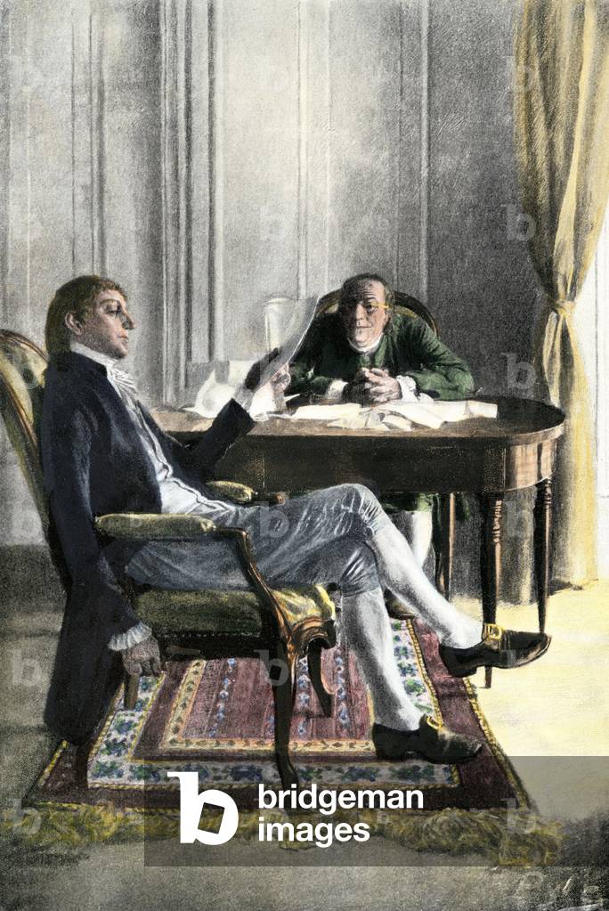 War of Independence of the United States of America (1775-1783): Benjamin Franklin (1706-1790) and Richard Oswald (1705-1784) in Paris negociating the peace treaty ending the war. 19th century coloring engraving.