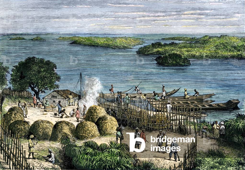 Camp of the African explorer Henry Morton Stanley (1841-1904), near the Congo River, years 1870. Colouring engraving of the 19th century.