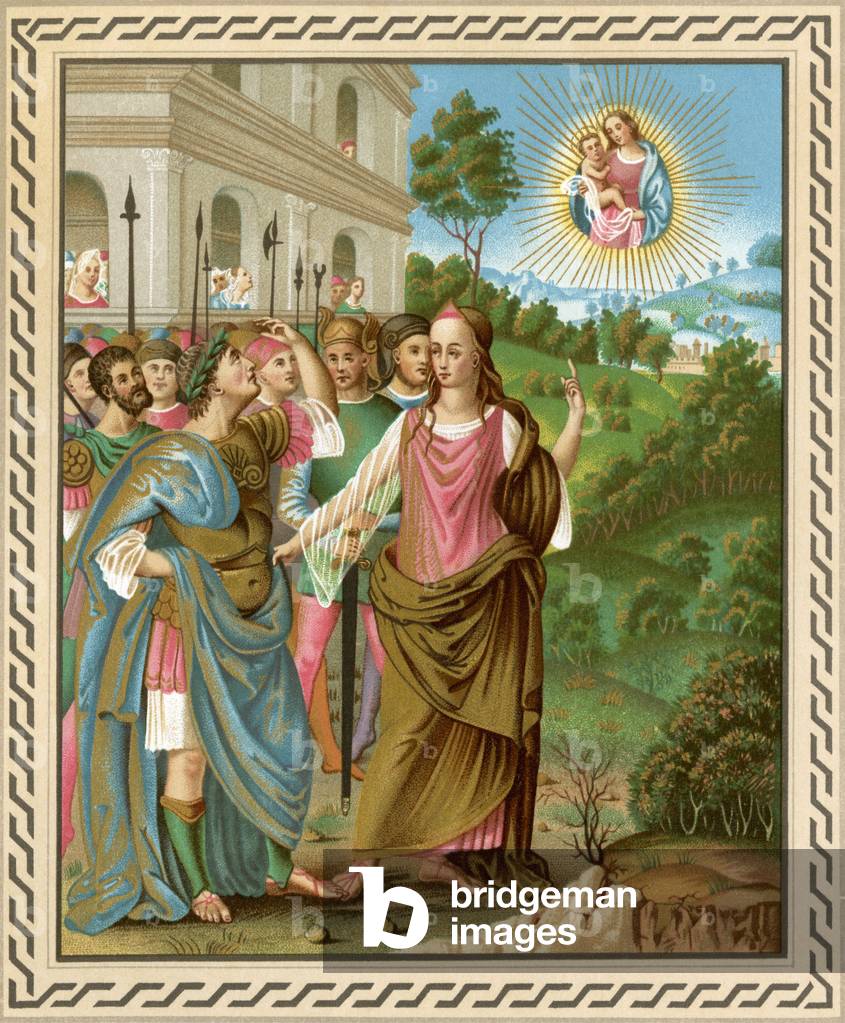 Civilization of antiquite: a prophete woman announces the arrival of Jesus Christ (Messiah) to the Roman Emperor Augustus (Octavian or Octavian, 63 BC-14 AD) Lithography.
