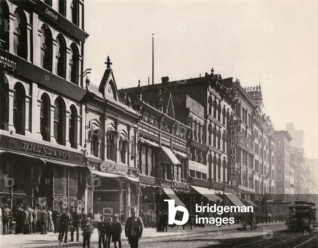 United States, Illinois, Chicago: Bretano and other shop on Wabash Avenue south of Monroe Street, Chicago, years 1890.