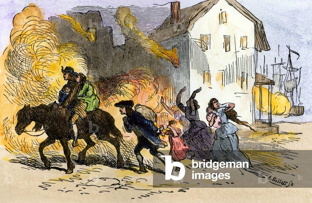 The city of Norfolk (Virginia, USA) in flames, the population fled after the bombing by the British fleet in 1776. (War of Independence of the United States, 1776-1783). 19th century lithography.