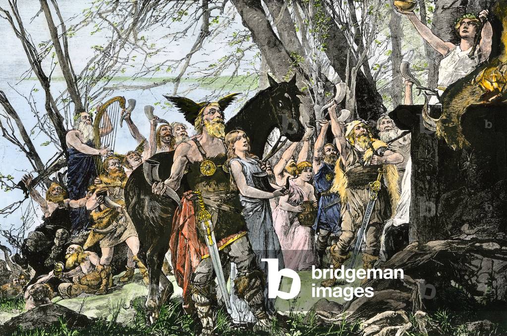 Invasion of the Barbarians: The Francs offer a sacrifice animal before invading Gaul. Colouring engraving of the 19th century.