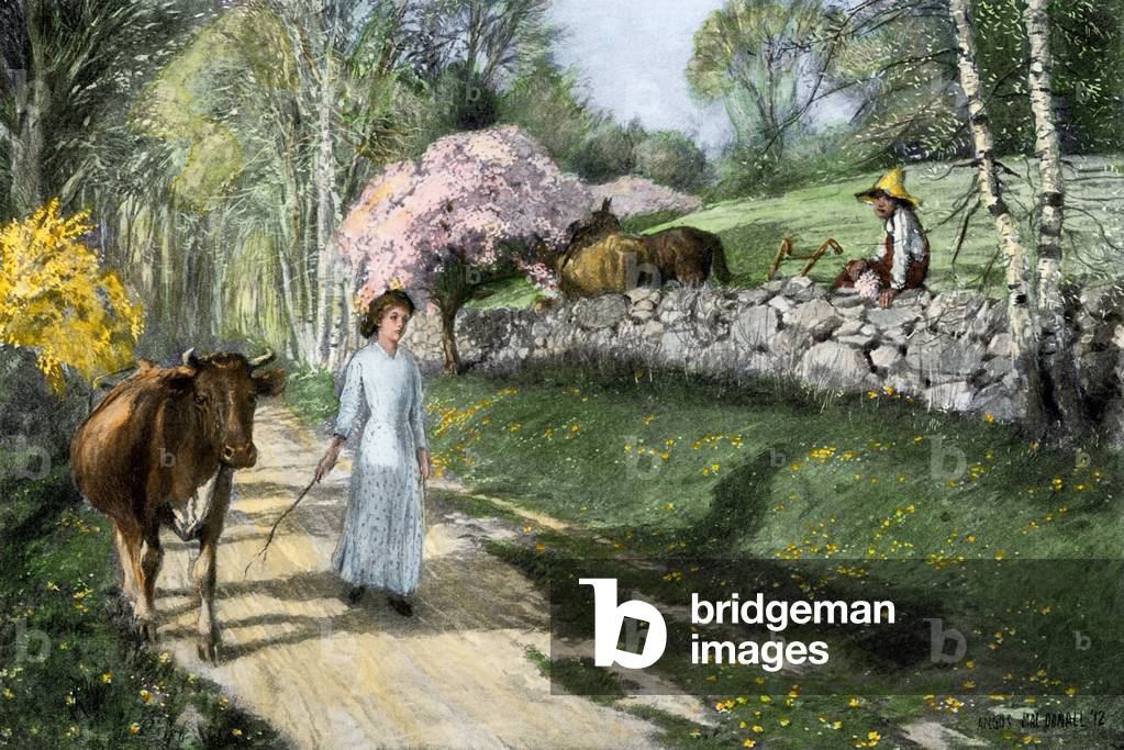 Peasant girl and boy doing farm chores in spring. Colour engraving of the 19th century.