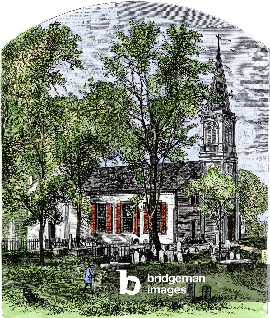 United States, State of Virginia: Old Church of St. George in Richmond, Virginia, years 1800. Colour engraving of the 19th century