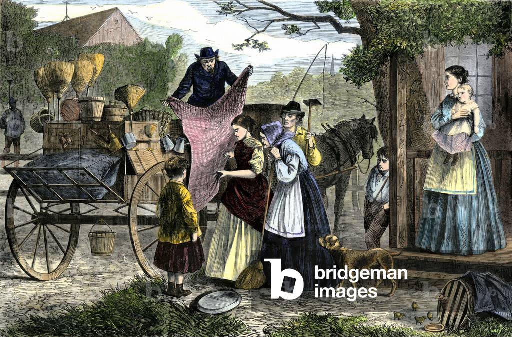 Peddlers showing his goods to a family of peasants, 1800s. Colouring engraving of the 19th century.