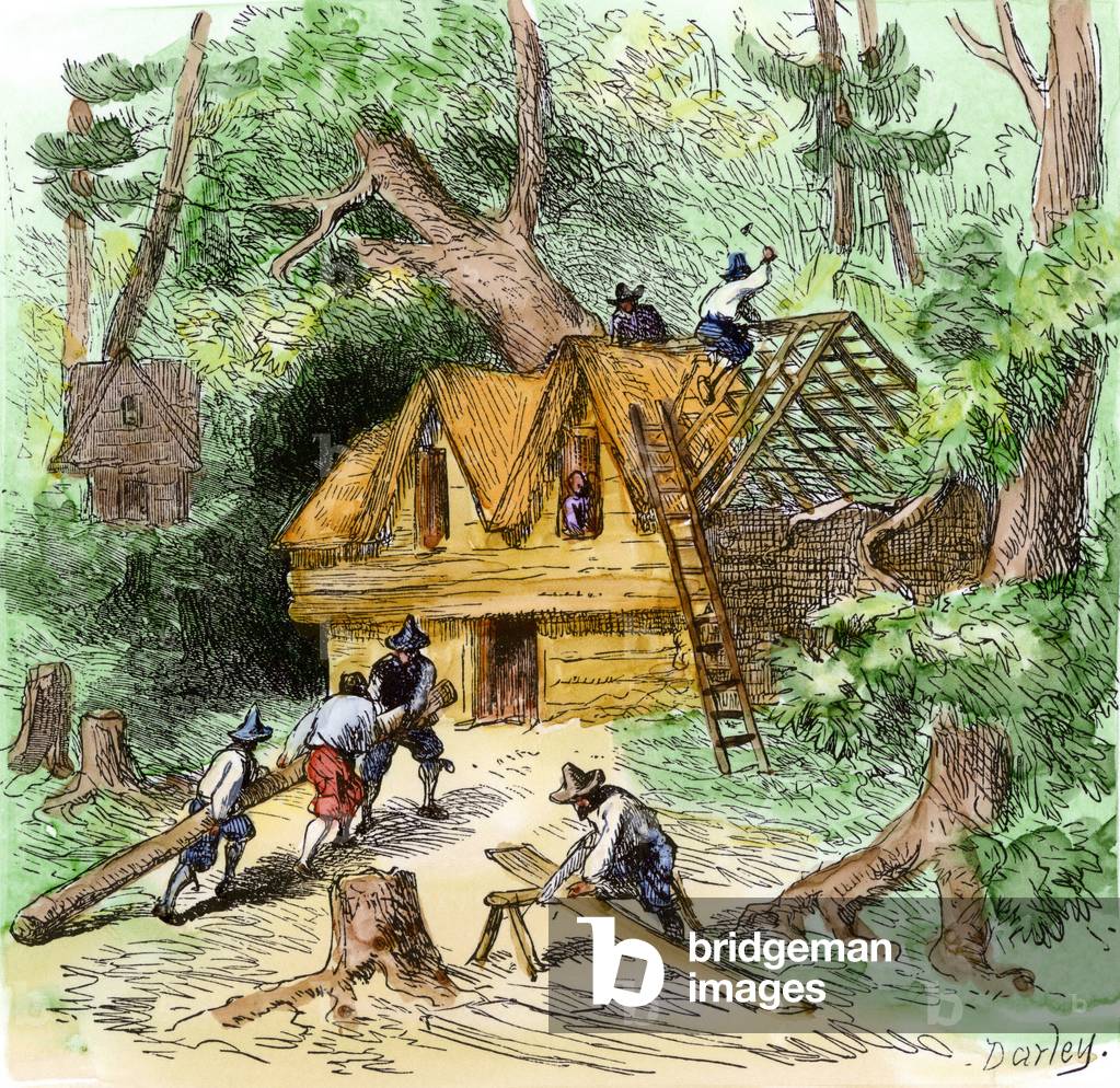 United States, Massachusetts: Pelerins building their house in Plymouth, Massachusetts, years 1620. Colour engraving of the 19th century.