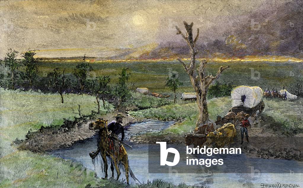 History of the settlers and the conquete of the West: American pioneers. Diligence convoy crossing a stream to escape a fire. Colourful engraving by Frederic Remington.