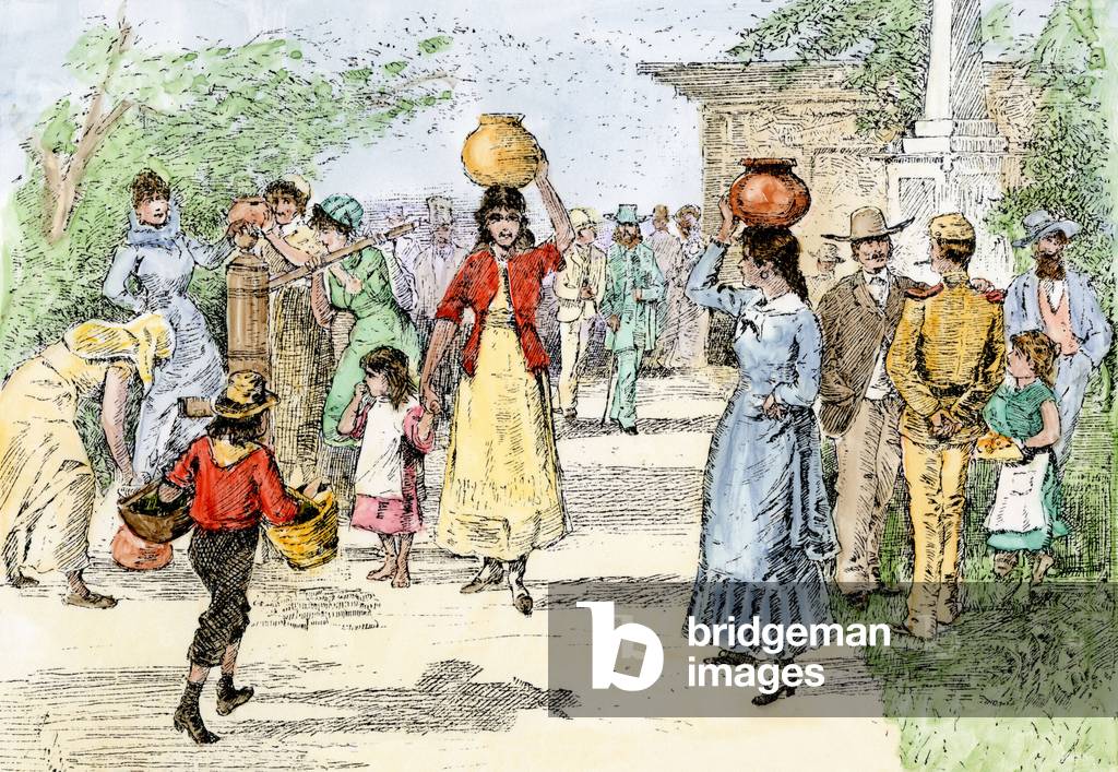 United States, State of New Mexico: Family meeting in Santa Fe Square to search for water and discuss. Colour engraving of the 19th century.
