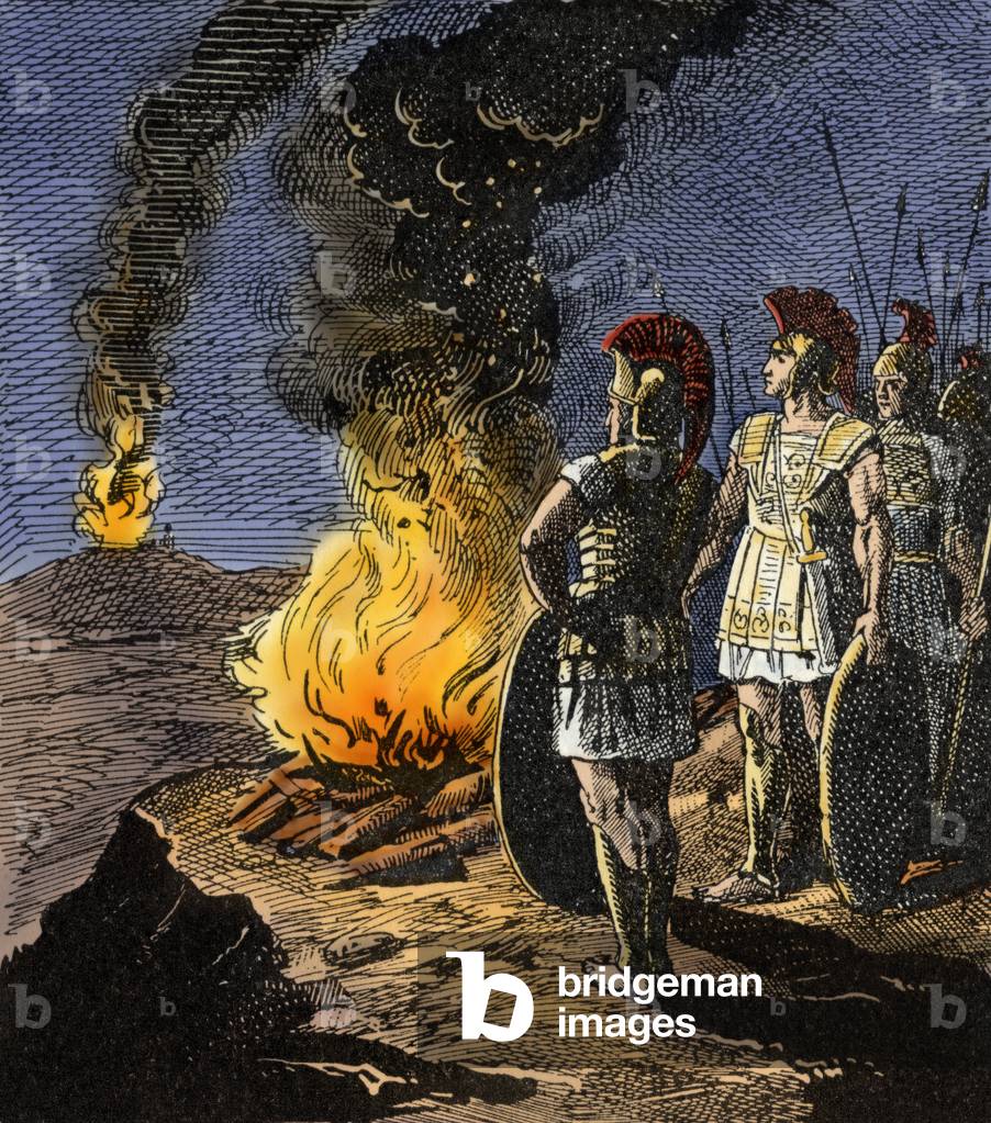 Image of Ancient Greek military communicating via beacon fires.
