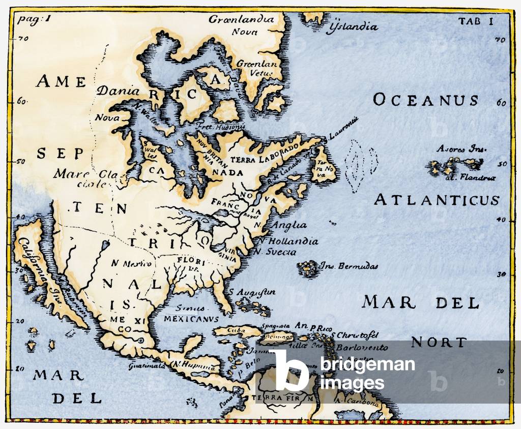 Map of North America as it was in the middle of the 17th century. Coloring engraving in “” Campanius””, 1702.
