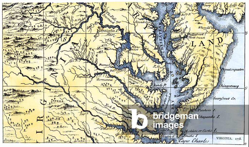 United States, State of Virginia: Part of Maryland and Colonial Virginia in 1738. Colour engraving of the 19th century.