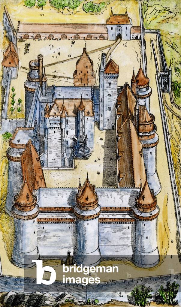 Middle Ages: Chateau de Pierrefonds built around 1400, and restored by Eugene Viollet-le-Duc (Viollet le Duc, 1814-1879) in 1858, department of the Oise, France. Colour engraving of the 19th century.