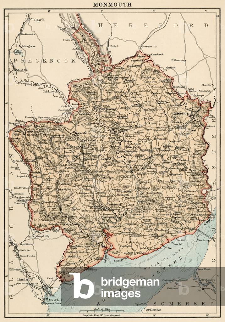 Map of the Earl of Monmouth (England), circa 1870. 19th century lithography.