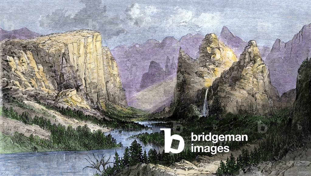 Vallee Yosemite before becoming a national park, seen in the 1850s. Colour engraving of the 19th century.
