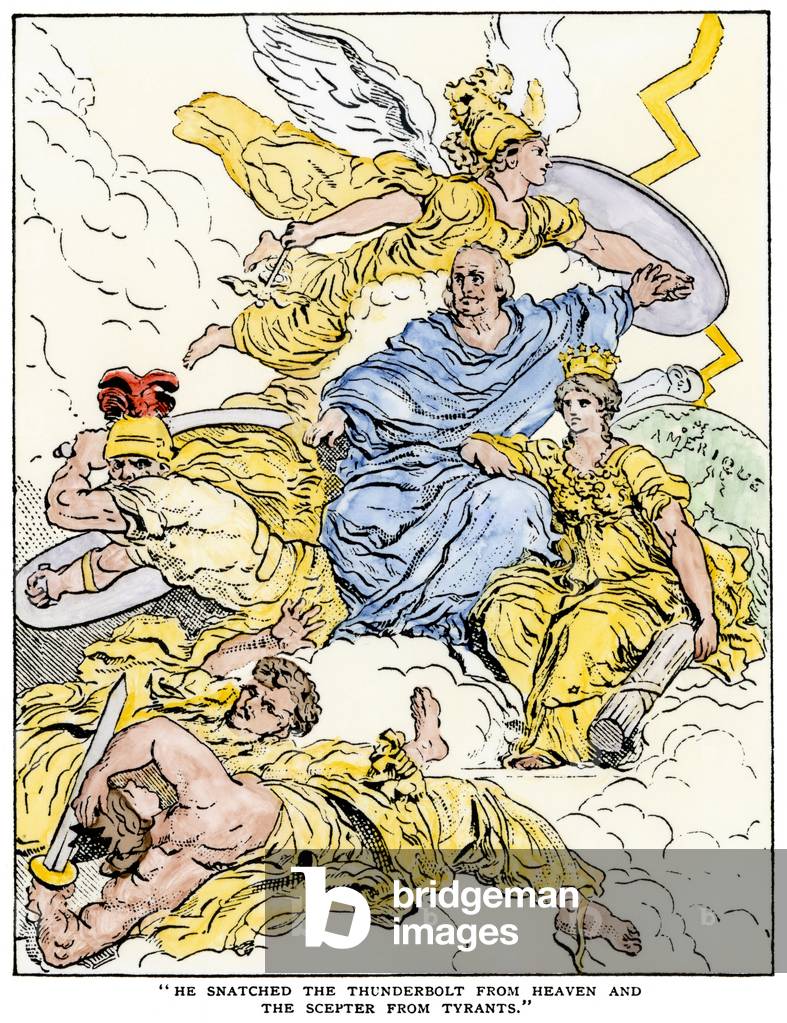 Benjamin Franklin (1706-1790) tears lightning from the sky - French drawing showing Franklin's popularity - Colorisee engraving, 18th century - French cartoon showing Benjamin Franklin's popularity: “” He snatched the thunderbolt from Heaven”” - Hand-colored woodcut of an 18th century illustration
