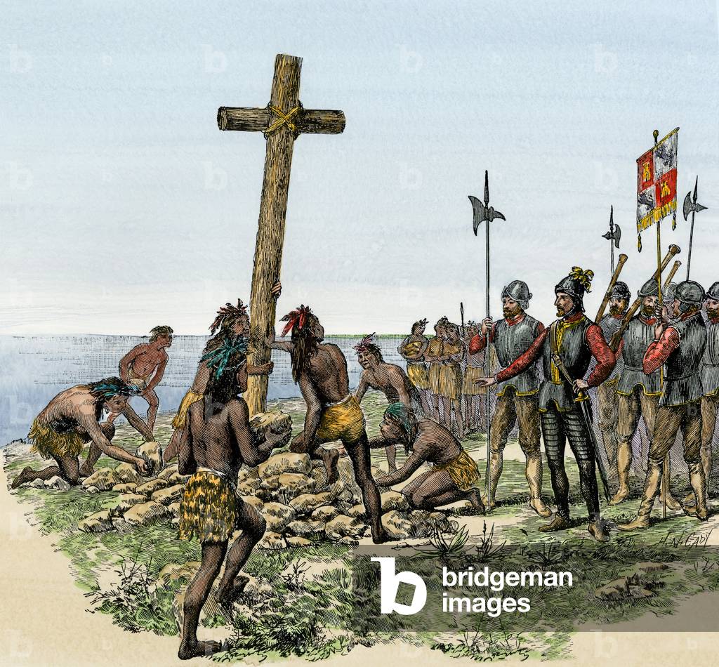 The expedition of the conquistadors of Vasco Nunez de Balboa (1475-1519) erected a cross on the shore of the Pacific Ocean in 1513. 19th century lithography.