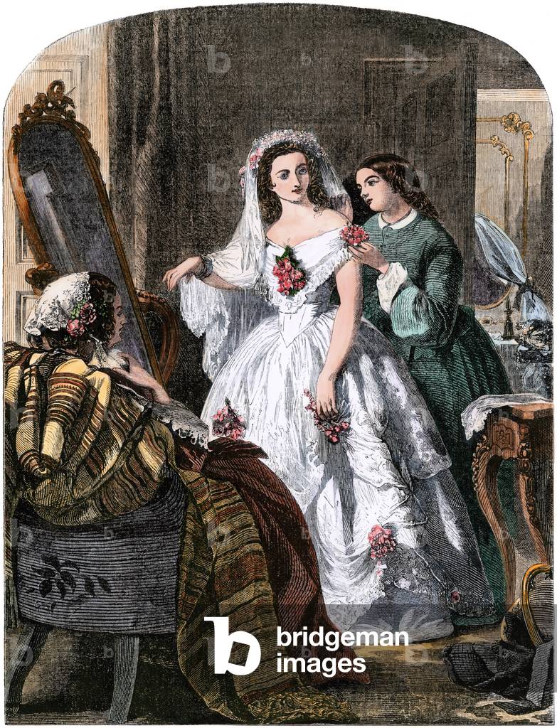 American daily life: the final touch, a mother looks at her daughter wearing her wedding dress around 1850. En