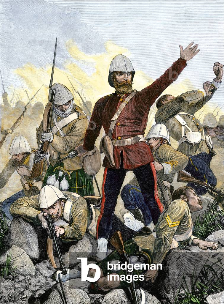 Transvaal War: English General Sir George Pomeroy Colley (1835-1881) in the Majuba Mountains in 1881. Colouring engraving of the 19th century.