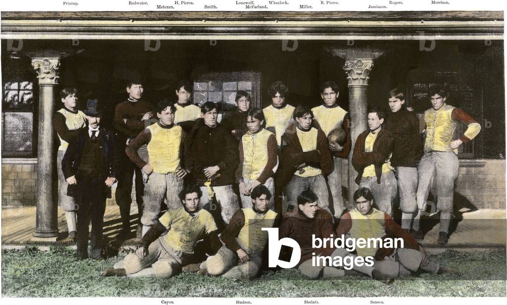 American football team at the Indian School of Carlisle, Pennsylvania, years 1890. From photo.