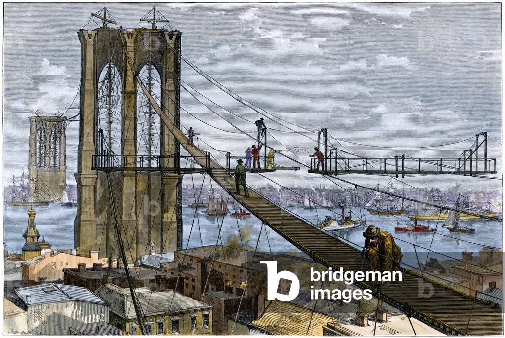 Workers assembling an air ramp during the construction of the towers of the Brooklyn Bridge, New York (USA), circa 1870 - Colorised engraving 19th century - Workmen ascending a mid-air ramp to construct Brooklyn Bridge towers, New York NY, 1870s - Hand-colored woodcut of a 19th century illustration