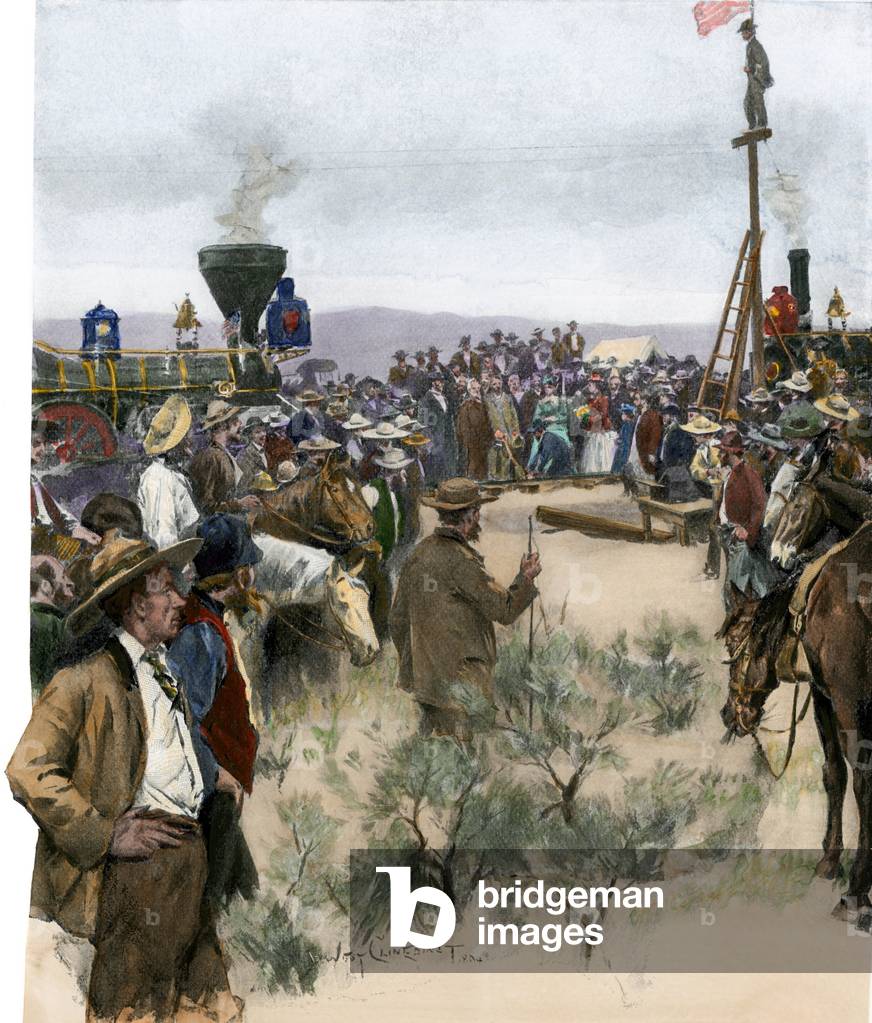 The laying of the last nail of the American Transcontinental Railway, Utah (USA), 1869 - Colorisee engraving, 19th century - Last spike driven for the transcontinental railroad in Utah, 1869 - Hand-colored halftone reproduction of a 19th-century illustration