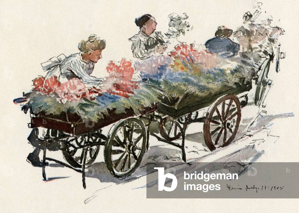 Bild von Gravur "Blumenhändler in Paris um 1910."