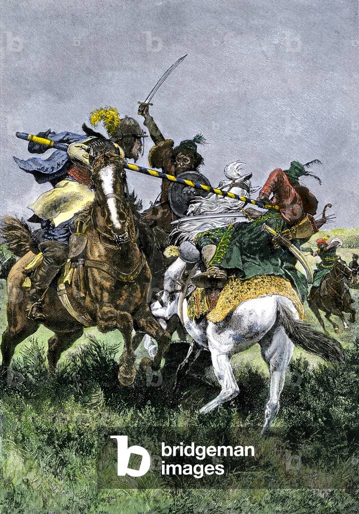Great North War or Second North War (1700-1721): Battle between Russian and Swedish horse hunters during the Battle of Poltava (Pultawa), 1709. Colourful engraving of the 19th century.