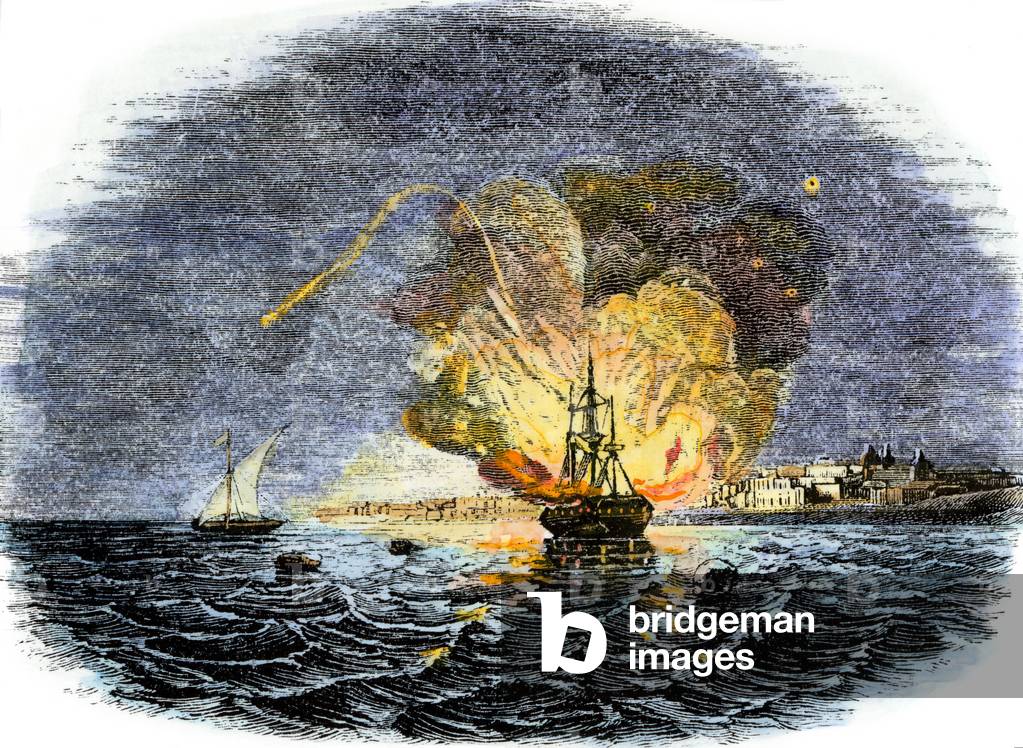 Fire of the American ship “Philadelphia”” caused by pirates in the port of Tripoli (North Africa), 1804. Colourful engraving of the 19th century.