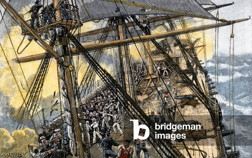 American Anglo War (1812-1815): the crew of the USS “Constitution”” in the midst of naval battle against British ships “Levant and” Cyane”, in the Atlantic Ocean. Coloured water, 19th century.