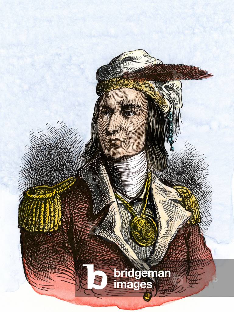 Native population of America: Indians of the United States. Tecumseh (“flying arrow”, 1768-1813), leader of the Shawnees tribe in English uniform. Colour engraving of the 19th century.