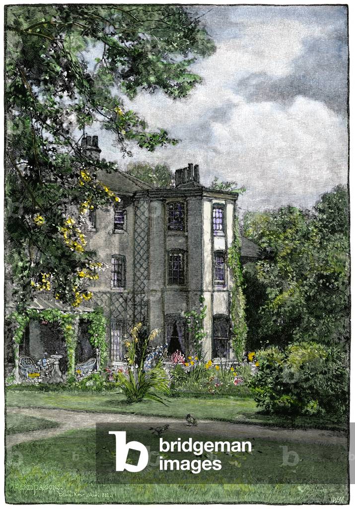 The Garden of Down House (England), the family residence of Charles Darwin (1809-1882), where he worked on his theory of Evolution - Colorisee engraving, 19th century - Garden at Down House, Darwin's home in Kent - Hand-colored woodcut of a 19th-century illustration