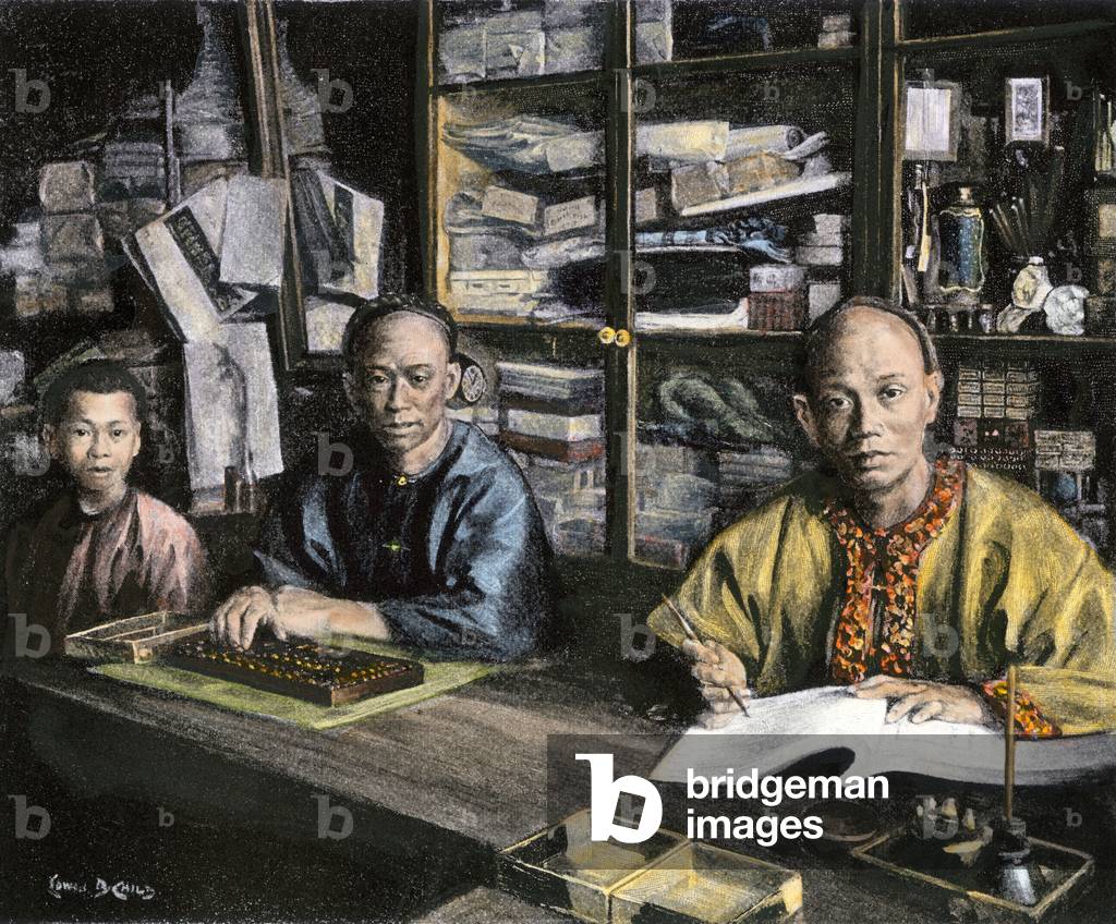 History of immigration in America: Chinese merchant using an abaque (abacus) and accountant from San Francisco, USA, circa 1890. From a photograph.