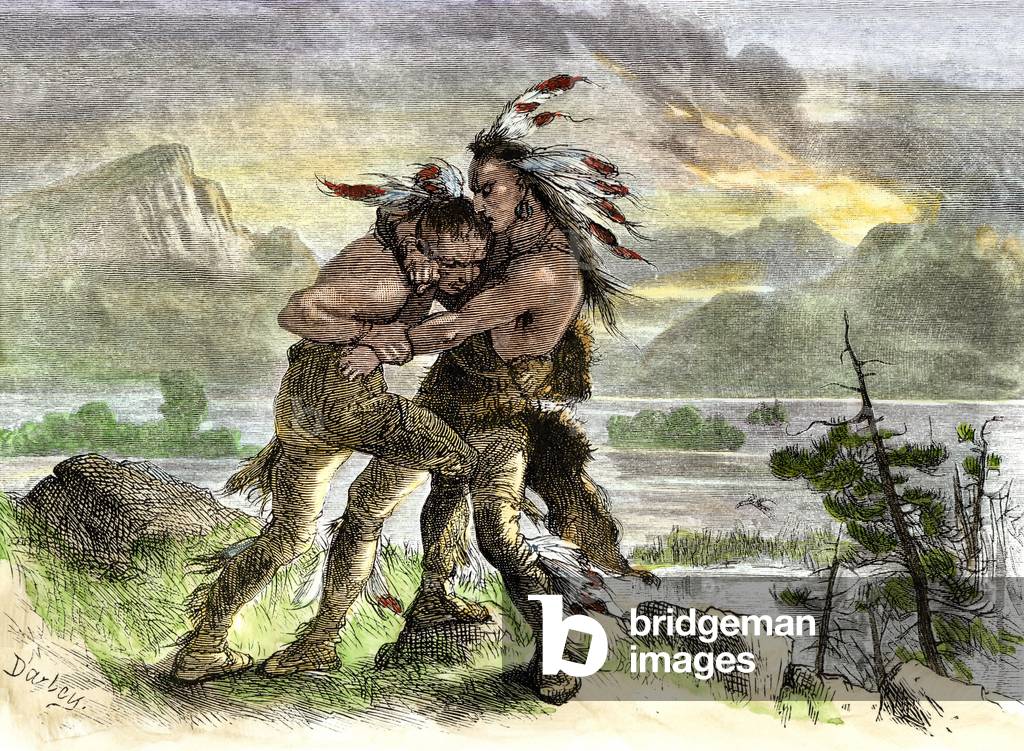 Native population of America: Indians. Hiawatha fighting another Indian warrior. Colourful engraving of the 19th century.