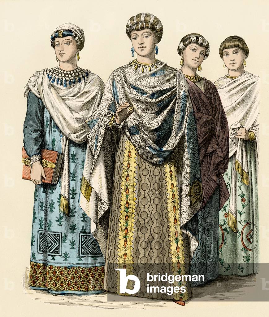 Civilization of Antiquity: Women of Court of Imperator Theodora (circa 500-548), Eastern Roman Empire, 6th century. Colour engraving of the 19th century.