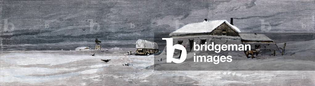History of the settlers and the conquete of the West: American pioneers. House of settlers covered in winter, western meadow, 19th century. Colourful engraving of the 19th century.