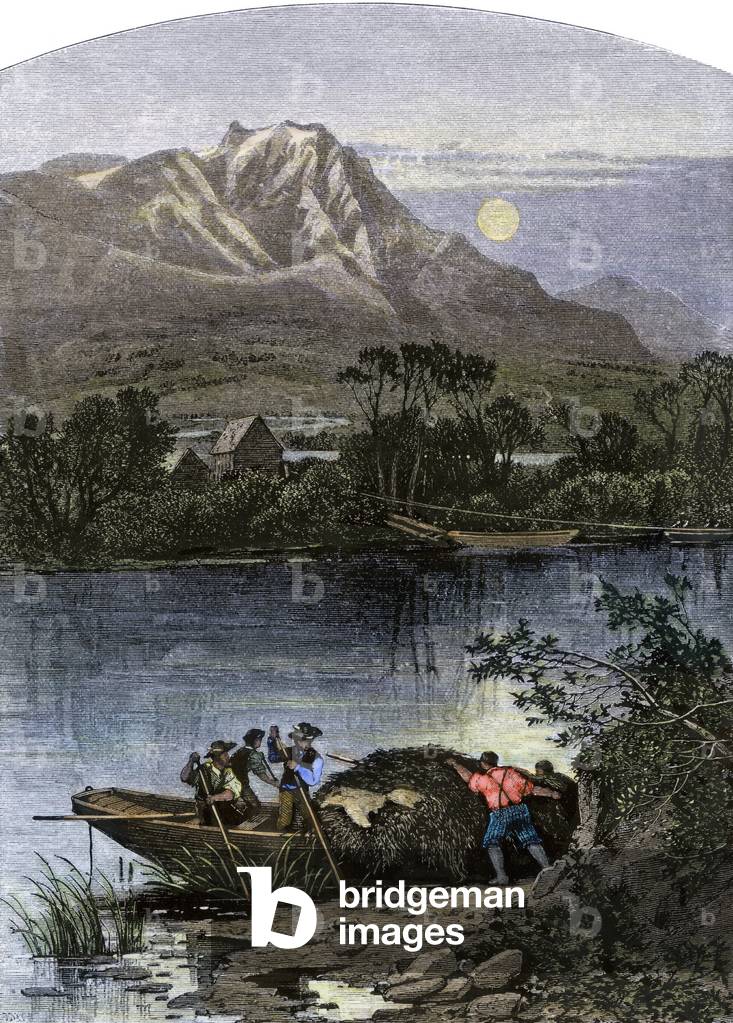 Bild von Gravur "Pelzhandelsboot mit einem großen Haufen Rübenfell auf dem Fluss „Bear River“"