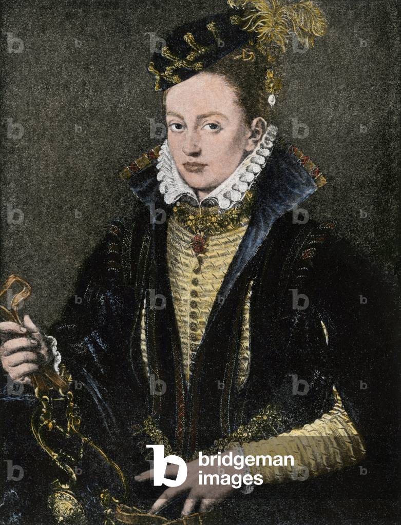 Margarita of Parma or Margarita of Austria (1522-1586) Duchess of Parma and Piacenza, natural daughter of Charles V (1500-1558) and governess of the Netherlands (Netherlands) from 1559-1581 - Margaret von Parma (Margaret of Austria), regent of the Netherlands, 1500s. Hand-colored woodcut