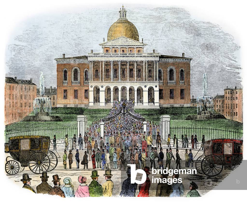 The crowd leaving the Massachusetts State Government Building, Boston, USA, around 1850. 19th century lithography.