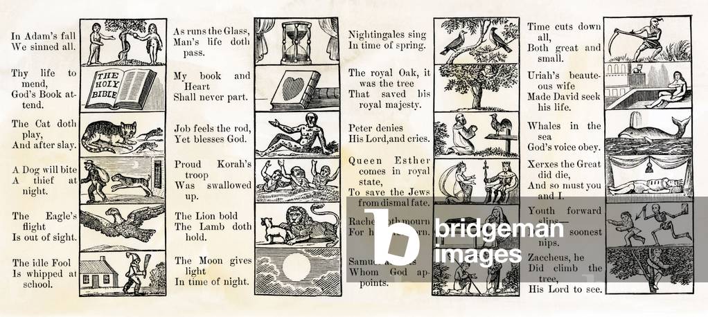 Page of a school lecon in New England, edition of 1811. Colour engraving of the 19th century.