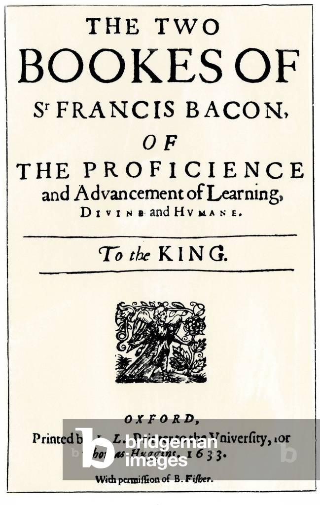 Literature: Frontispice of Francis Bacon's book “The proficience and Advancement of Learning”””. First published in English in 1605. Edition of 1633. Engraving.