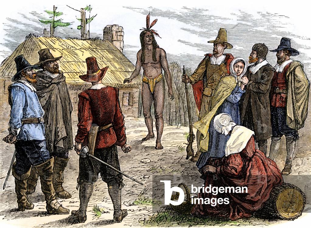 Native population of America: Indians of the United States. Samoset (1590-1653) met the pelerins, settlers of Plymouth, years 1620. Colour engraving of the 19th century.