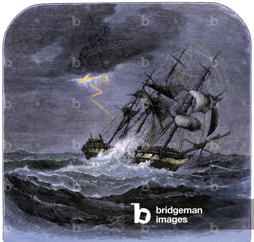 Image Of Lightning Striking A Sailing ship In A Storm At Sea