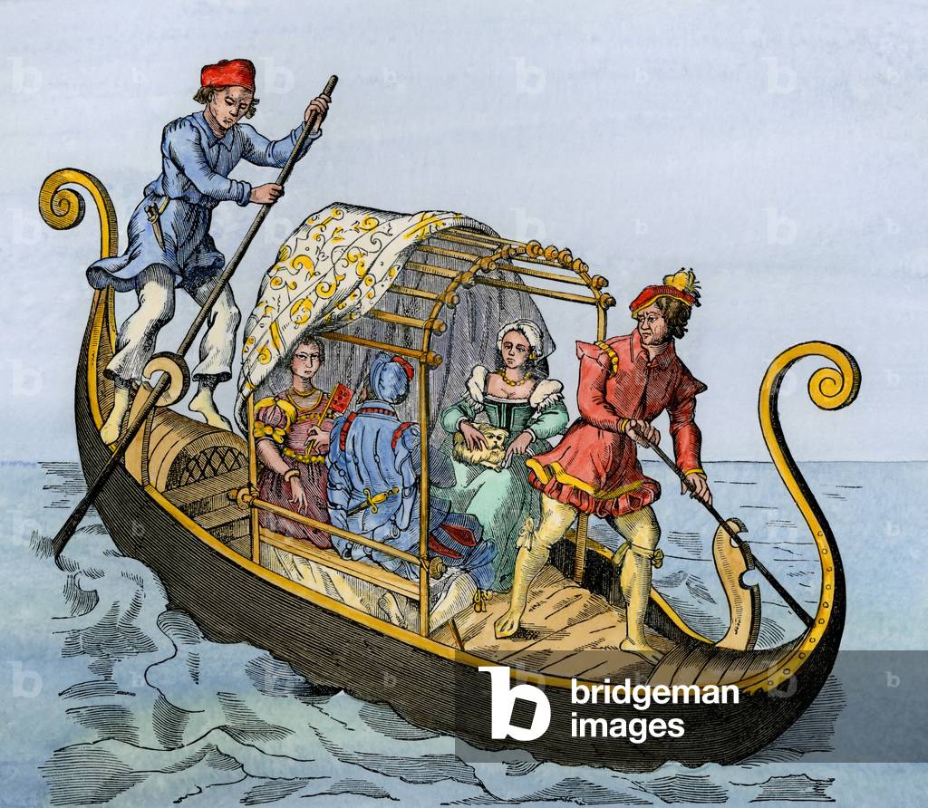 Italy: Venitian gondola carrying nobles, circa 1500 - Colorisee engraving of an illustration attributed to Jost Amman (1539-1591) (Venetian gondola, 1500s - Hand-colored woodcut of an illustration attributed to Jost Amman)