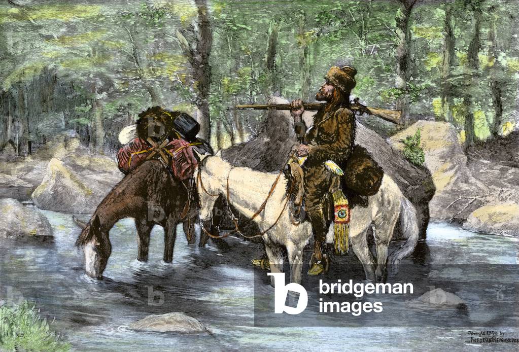 White trapper riding a river in the mountains. 19th century coloring engraving.
