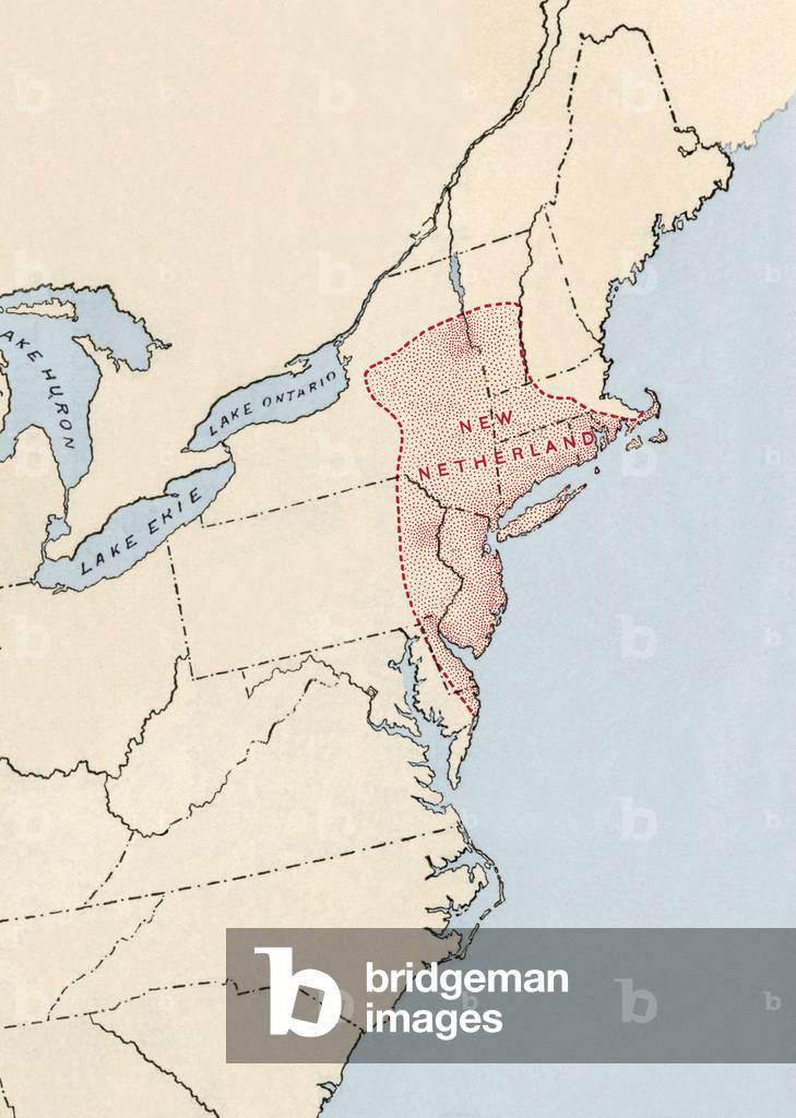 The colonial territories of North America claimed by the Dutch in 1665, on the Atlantic coast, New Holland (or New Belgium) including the states of New York, New Jersey, Delaware, Vermont, Pennsylvania and Connecticut. Reconstitution of the geographic map, superimposed on the present territories. Lithography.