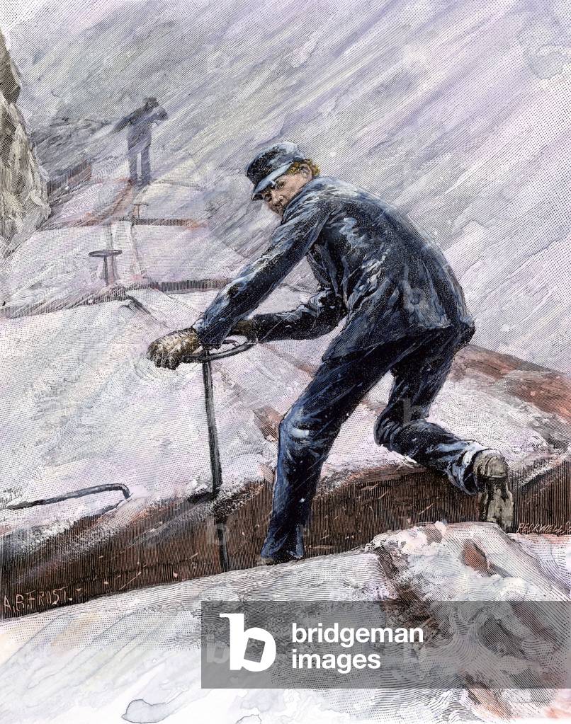 Railway workers (brakeman) working on a wagon during a snowstorm, 1890's. Colour engraving of the 19th century.